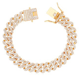 Rose Iced Out Paved Cuban Chain Bracelet 2 Row Rhinestone Link Hip Hop Jewelry