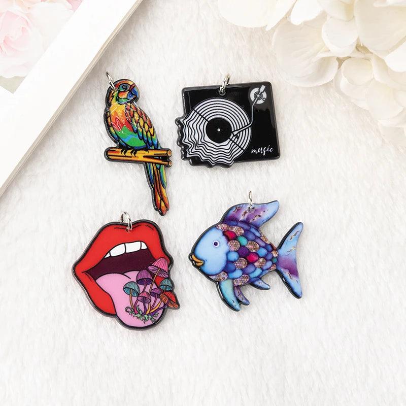 8Pcs Rainbow Fish Charms Acrylic Lips Mushroom Pendant Necklace Earring DIY