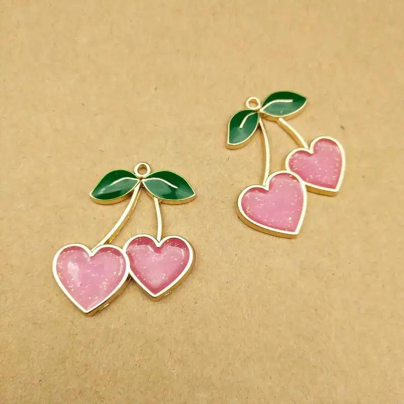 10pcs Enamel Heart Cherry Charm for DIY Jewelry Making