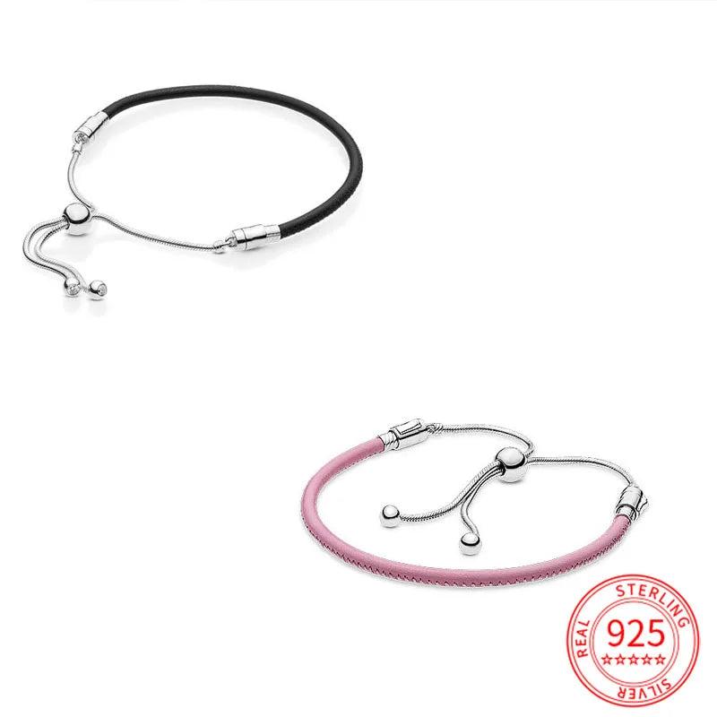 925 Silver Leather Bracelets Women Charm Red Pink DIY Jewelry