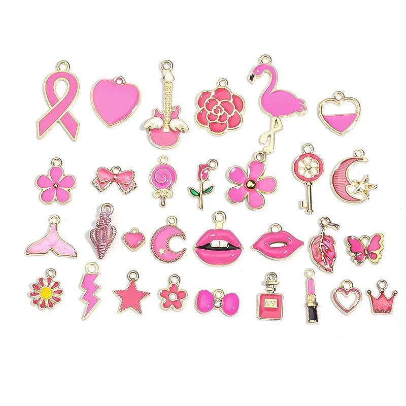 30pcs Pink Lips Lipstick Enamel Charms For Jewelry Making
