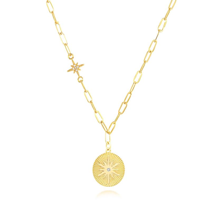 925 Silver Astrolabe Octagonal CZ Paper Clip Charm Necklace