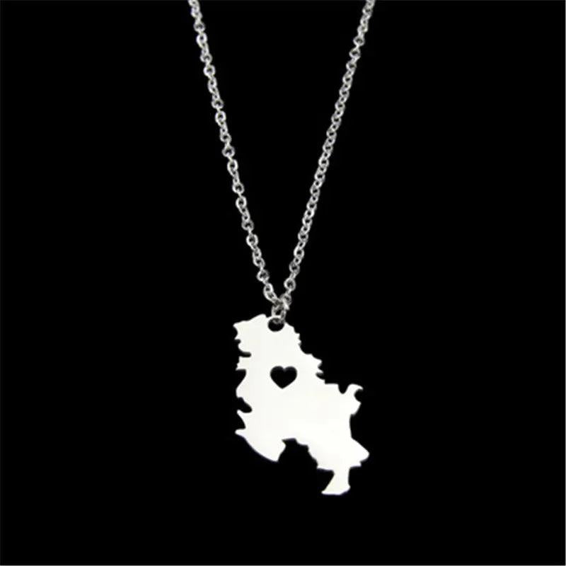 Stainless Steel Serbia Map Pendant Necklace for Women Girls Srbija Jewelry
