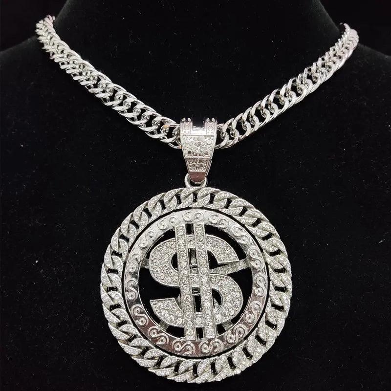 Hip Hop Iced Out Rotatable Dollar Pendant Necklace