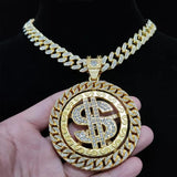 Hip Hop Iced Out Rotatable Dollar Pendant Necklace
