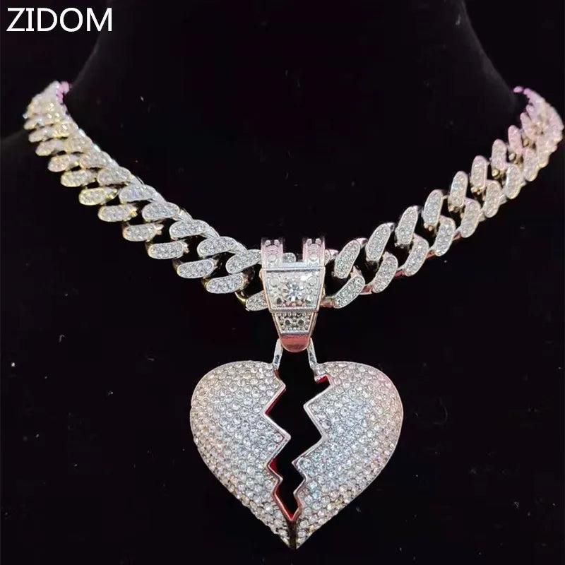 Hip Hop Chain Iced Out Heart Broke Pendant Necklace Miami Cuban Chain