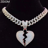 Hip Hop Chain Iced Out Heart Broke Pendant Necklace Miami Cuban Chain