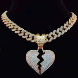 Hip Hop Chain Iced Out Heart Broke Pendant Necklace Miami Cuban Chain