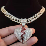 Hip Hop Chain Iced Out Heart Broke Pendant Necklace Miami Cuban Chain