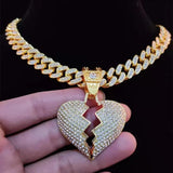 Hip Hop Chain Iced Out Heart Broke Pendant Necklace Miami Cuban Chain