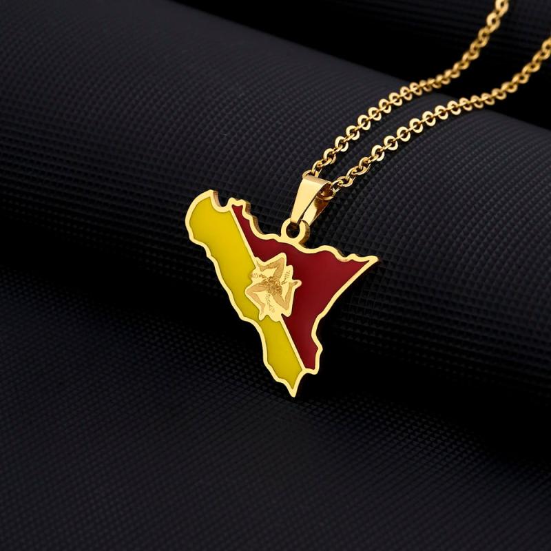 Sicily Sicilian Flag Map Pendant Necklace Silver Stainless Steel