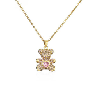 Lovely Bear Pendant Necklace Pink/White CZ Wedding Jewelry