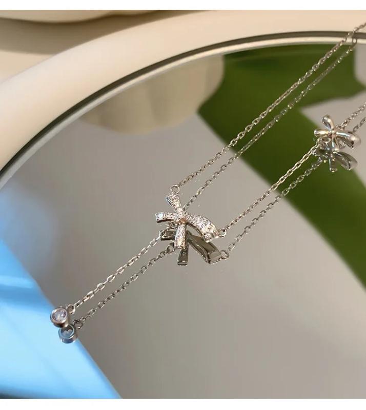 Silver Double Bow Necklaces for Women Adjustable Clavicle Chain