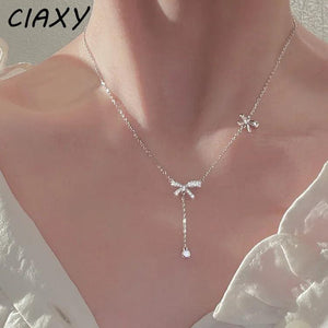 Silver Double Bow Necklaces for Women Adjustable Clavicle Chain