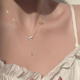 Silver Double Bow Necklaces for Women Adjustable Clavicle Chain
