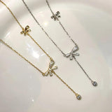 Silver Double Bow Necklaces for Women Adjustable Clavicle Chain