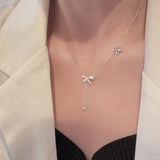 Silver Double Bow Necklaces for Women Adjustable Clavicle Chain