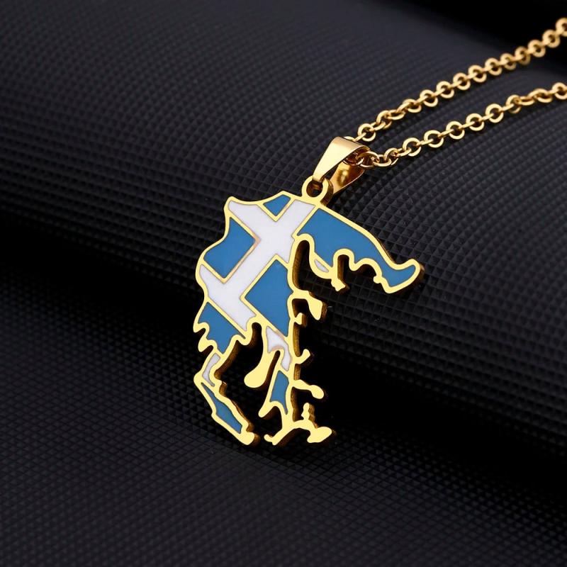 Greece Map Flag Pendant Necklace Silver Stainless Steel Greek Jewelry
