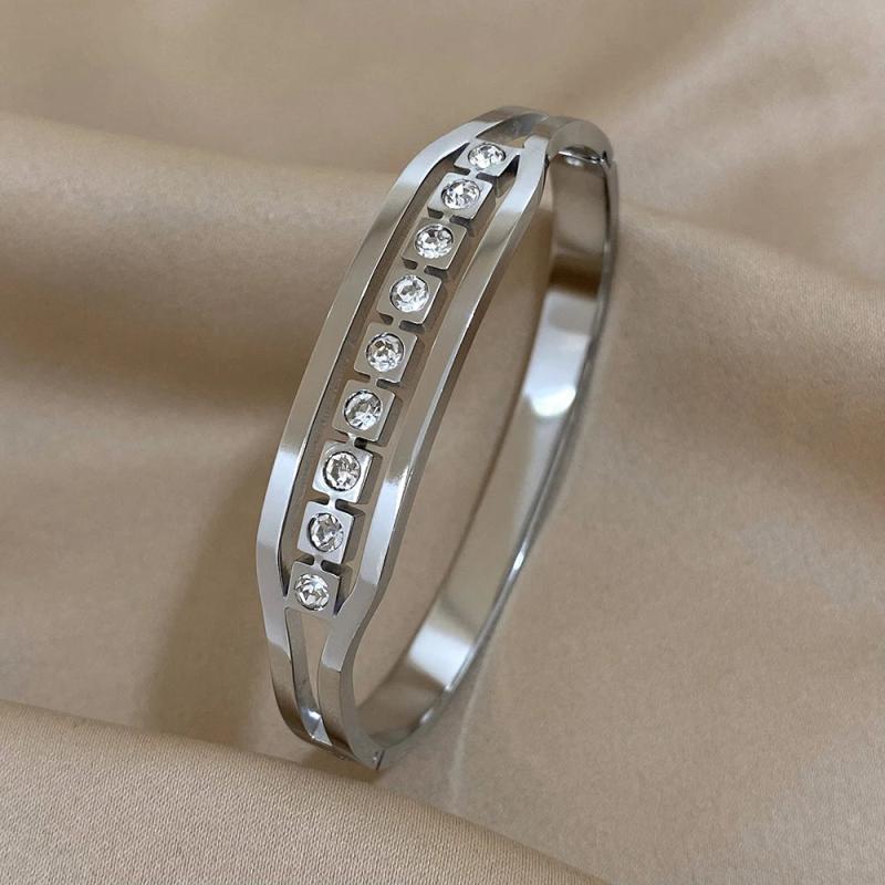 CZ Rhinestone Stainless Steel Bangles Silver Bracelet Women Jewelry