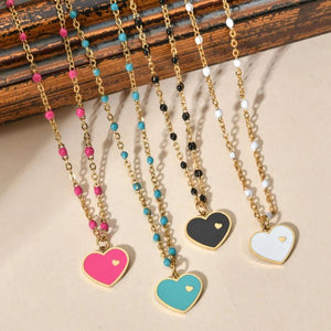 Stainless Steel Heart Necklace Enamel Chain Colorful Boho