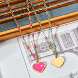 Stainless Steel Heart Necklace Enamel Chain Colorful Boho
