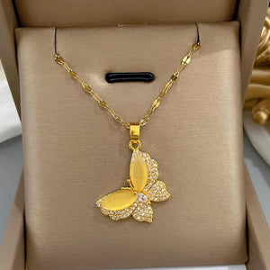 Vintage Stainless Steel Butterfly Pendant Necklace for Women