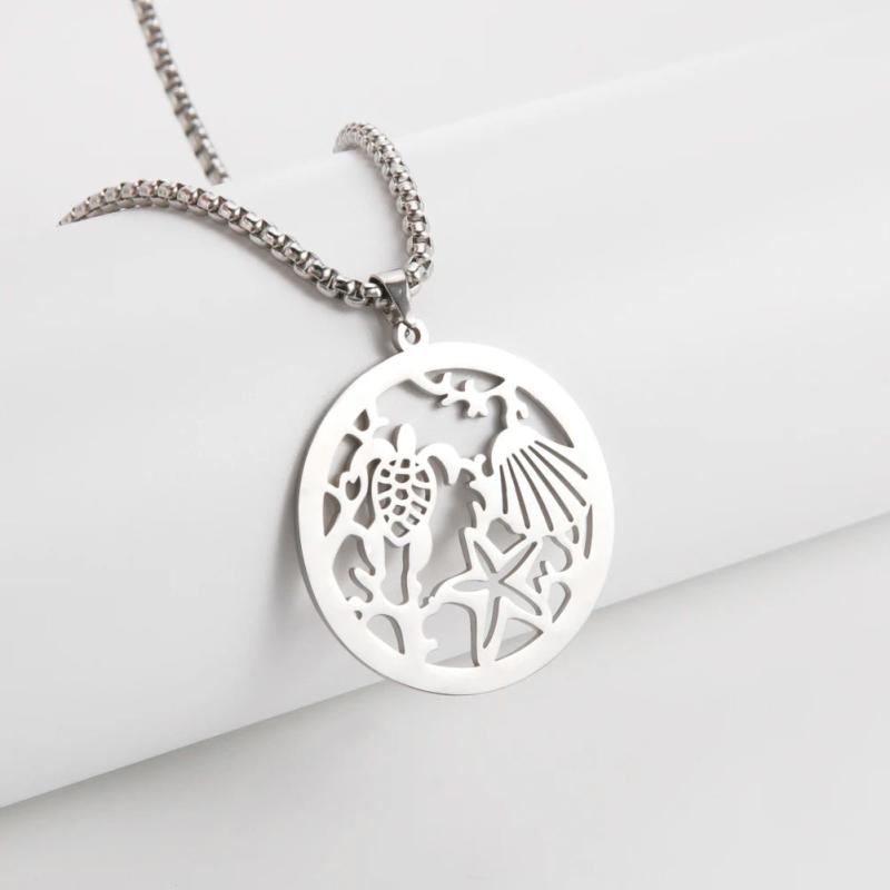 Sea Island Scenery Men's Necklace Coconut Tree Turtle Stainless Steel Pendant