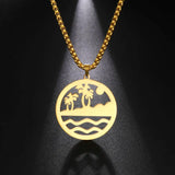 Sea Island Scenery Men's Necklace Coconut Tree Turtle Stainless Steel Pendant