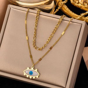 Vintage Evil Eye Pendant Necklace Double Layer Snake Chain Choker