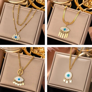 Vintage Evil Eye Pendant Necklace Double Layer Snake Chain Choker