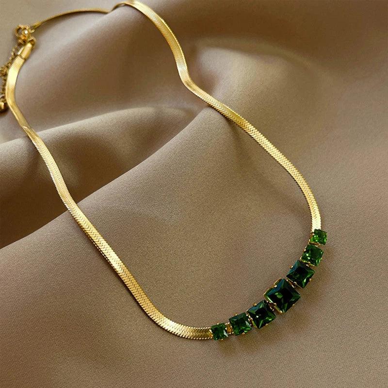 Zircon Square Pendant Necklace Snake Chain Fine Jewelry