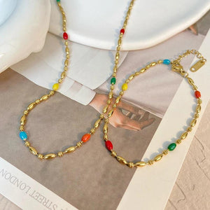 Enamel Stainless Steel Beads Necklace Green Choker Bracelet Jewelry