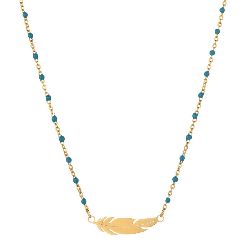 Boho Feather Pendant Stainless Steel Necklace Women Jewelry