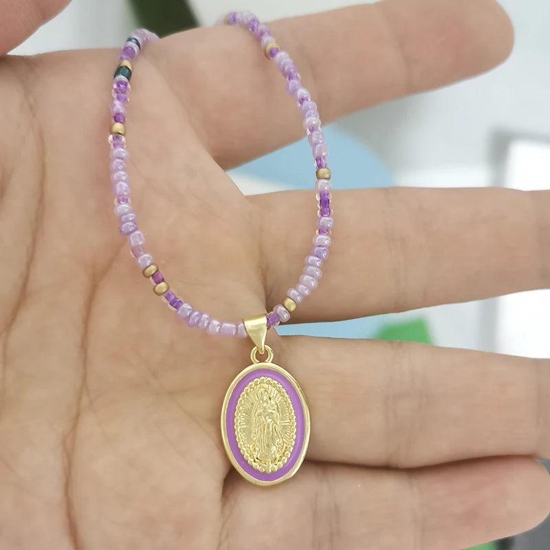 Virgin Mary Pendant Charm Necklace Women Choker Beads Chain Rainbow Jewelry