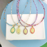 Virgin Mary Pendant Charm Necklace Women Choker Beads Chain Rainbow Jewelry