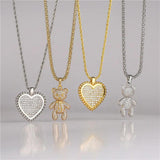 HECHENG Zircon Bear Heart Pendant Necklace for Women