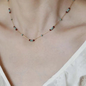 Vintage Faux Turquoise Burgundy Beads Necklace Stainless Steel Layering Gift