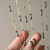 Vintage Faux Turquoise Burgundy Beads Necklace Stainless Steel Layering Gift