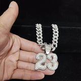 Unisex Hip Hop Number 23 Pendant Necklace with Crystal Cuban Chain
