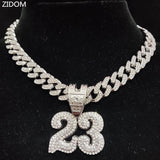 Unisex Hip Hop Number 23 Pendant Necklace with Crystal Cuban Chain