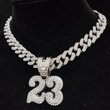 Unisex Hip Hop Number 23 Pendant Necklace with Crystal Cuban Chain