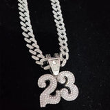 Unisex Hip Hop Number 23 Pendant Necklace with Crystal Cuban Chain