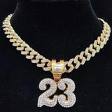 Unisex Hip Hop Number 23 Pendant Necklace with Crystal Cuban Chain