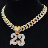 Unisex Hip Hop Number 23 Pendant Necklace with Crystal Cuban Chain