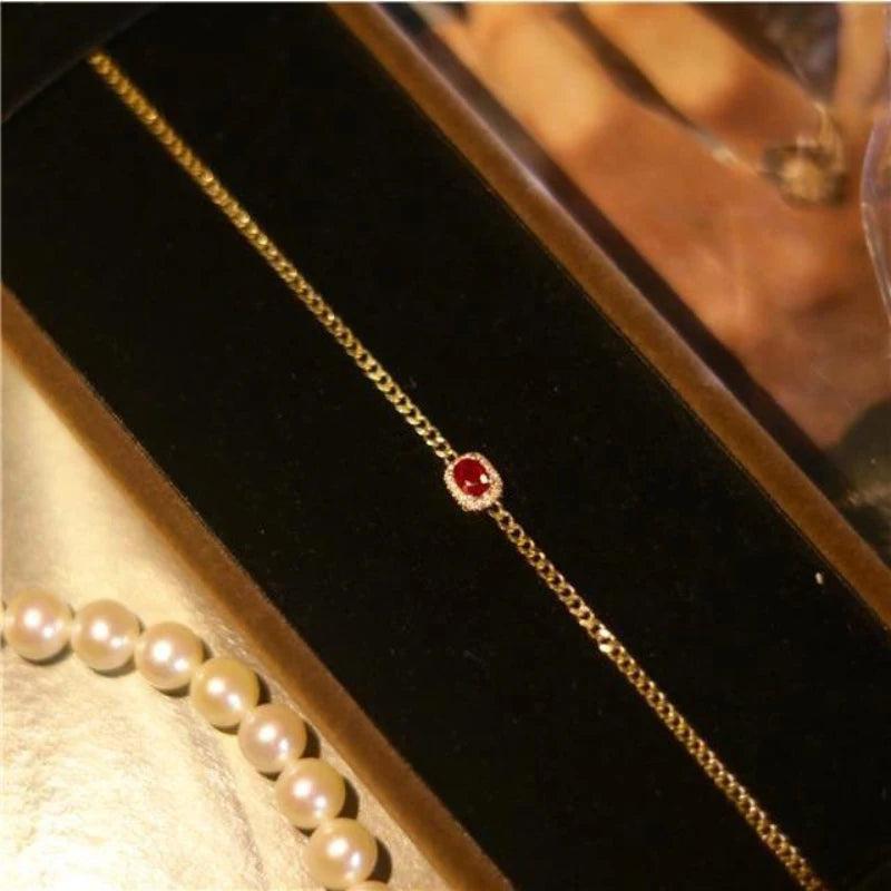 Red Gemstone Bracelet with Silver Inlay Retro Charm Bangle