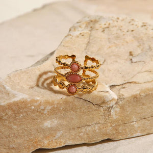 Uworld Stainless Steel Pink Stone Ring Statement Golden 18K Plated
