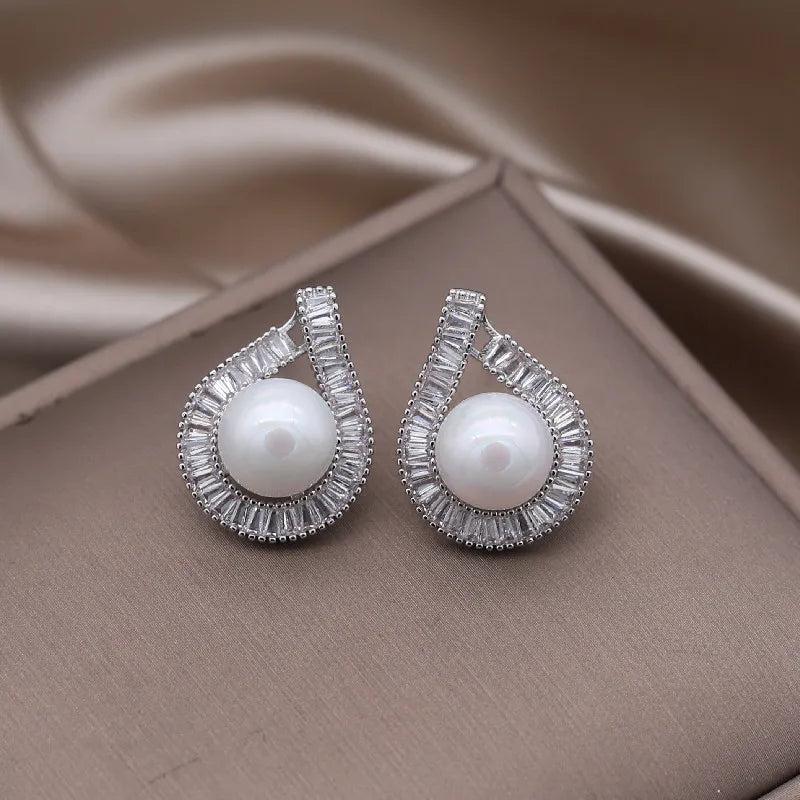 14K Plated Copper Zircon Drop Pearl Earrings Evening Accessories