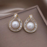 14K Plated Copper Zircon Drop Pearl Earrings Evening Accessories