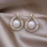 14K Plated Copper Zircon Drop Pearl Earrings Evening Accessories