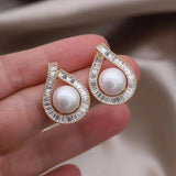 14K Plated Copper Zircon Drop Pearl Earrings Evening Accessories